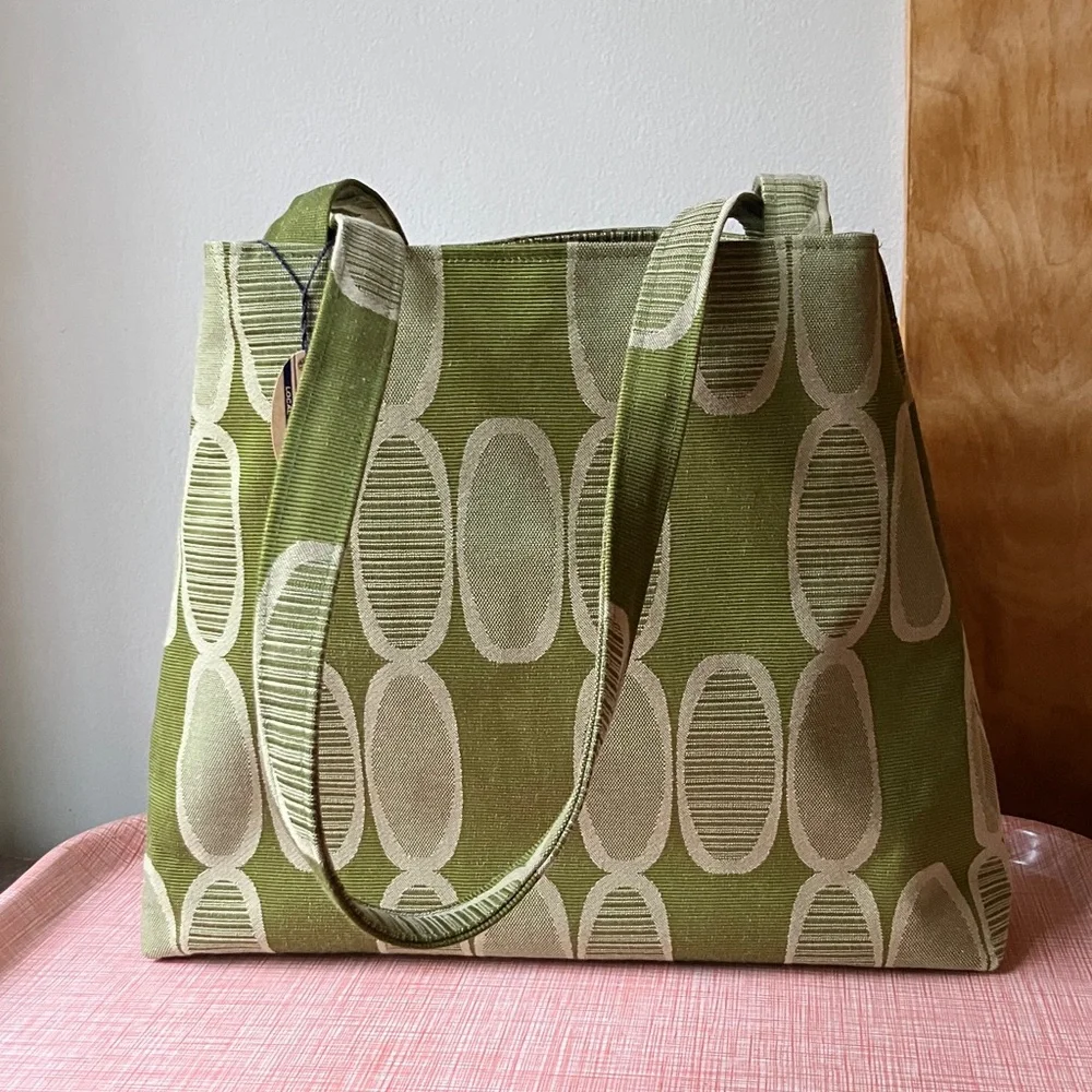Refinery Green Osmosis Retro Patterned Trapezoid Shoulder Tote Bag Handmade - Picture 15 of 16